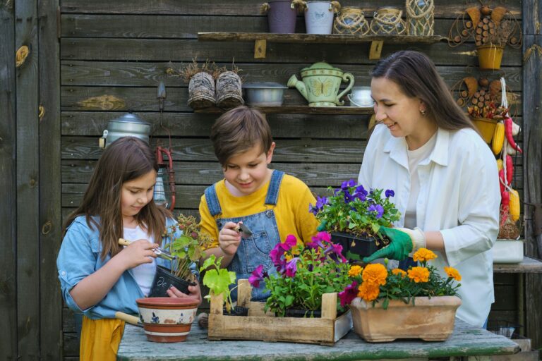 Life Lessons in the Garden: Mother and children immerse themselves in a summertime gardening project